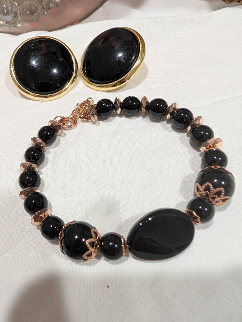 Black Statement Jewelry Set Rose Gold Tone Beaded Bracelet & Gold Tone Earrings